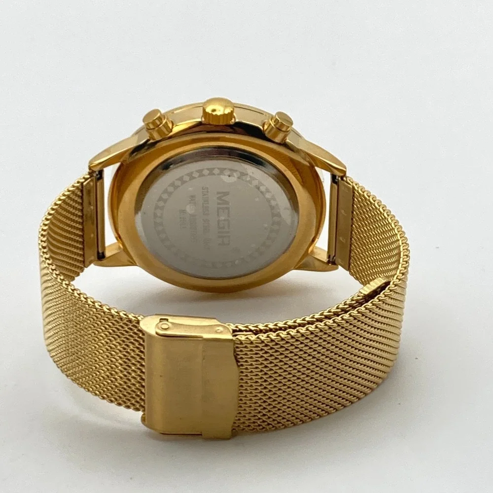 Megir Men's Chronograph Watch 43mm Gold Tone Date Mesh Band WR New Battery
